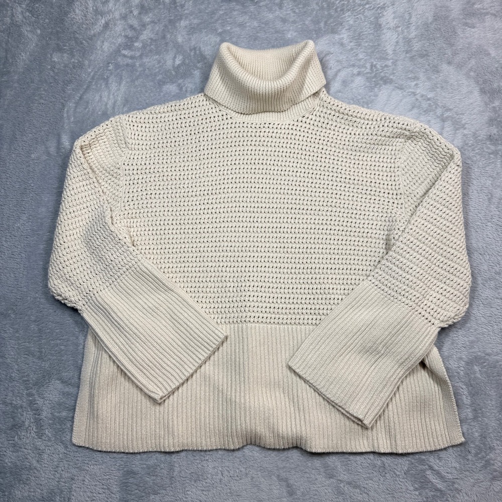 GAP Sweater Women M Cream White Cable Knit Turtleneck 24/7 Split-Hem Crochet